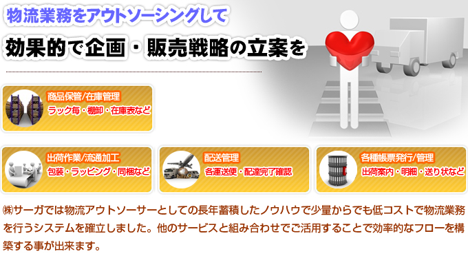 物流業務をアウトサーシングして効果的で企画・販売戦略を立案。商品保管/在庫管理、ラック毎、棚卸、在庫表など。出荷作業/流通加工、包装、ラッピング。/配送管理、各運送便、配達完了確認。/各種帳票発行/管理、出荷案内、明細、送り状など。サーガでは物流アウトソーサーとしての長年蓄積したノウハウで少量からでも低コストで物流業務を行うシステムを確立しました。他のサービスと組み合わせでご活用することで効率的なフローを構築する事が出来ます。