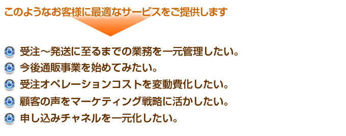 受注~発送に至るまでの業務を一元管理したい。今後通販事業を始めてみたい。受注オペレーションコストを変動費化したい。顧客の声をマーケティング戦略に活かしたい。申し込みチャネルを一元化したい。