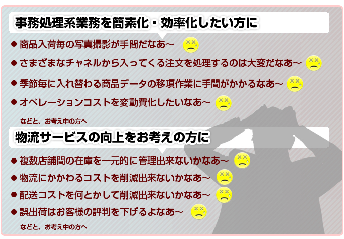 新たにネットショップを始めたい方に。売りたい物や仕入れ方法は決まっているけど、どうやって始めれば良いか分らないなあ~。立ち上げコスト/運用コストをなるべく安く抑えたいなあ~。少量からでもサポートしてくれる会社(サービス)はないかなあ~。立ち上げ後も気軽に相談できる会社はないかなあ~。既にネットショップをお持ちの方に。もう少し集客力を高めて、売上を増やしたいなあ~。これ以上管理人員を増やしたくないなあ~。もう事務所にはこれ以上在庫置き場を取れないよなあ~。当日受付時間をもう少し延長したいなあ~