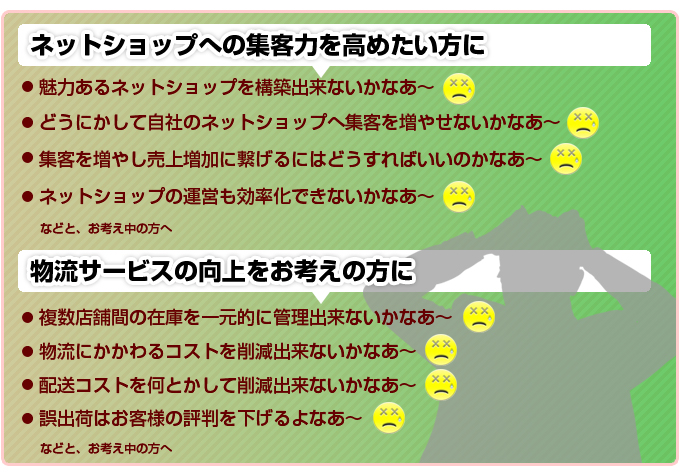 ネットショップへの集客力を高めたい方に。魅力あるネットショップを構築出来ないかなあ~。どうにかして自社のネットショップへ集客を増やせないかなあ~。集客を増やし売上増加に繋げるにはどうすればいいのかなあ~。ネットショップの運営も効率化できないかなあ~。物流サービスの向上をお考えの方に。複数店舗間の在庫を一元的に管理出来ないかなあ~。物流にかかわるコストを削減出来ないかなあ~。配送コストを何とかして削減出来ないかなあ~誤出荷はお客様の評判を下げるよなあ~